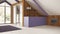 Minimal mansard in white and purple tones, kitchen with cabinets. Wooden walls, iron beams and resin floor. Panoramic window with