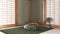 Minimal meditation room in white and green tones, Capet, table with Mala and bonsai. Wooden beams and paper doors. Japandi