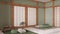 Minimal meditation room in white and green tones with pillows, tatami mats and paper doors. Carpet, table with Mala and decors.