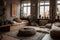 Minimal, monochromatic spaces with boxy, bohemian style furniture and layers of textured blankets. The love of minimalism,