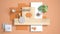 Minimal orange background, copy space, marble slab, wooden planks, cutting board, mosaic tiles, plant leaf, cappuccino, cookies,