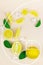Minimal pastel creative of Golden Ratio layout from lemon and leaves, half of lemon, slide, piece, ice cube. Flat lay. Fruit