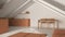 Minimal penthouse in white and orange tones. Kitchen, living and dining room with sofa and table. Wooden walls, iron beams and