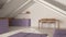 Minimal penthouse in white and purple tones. Kitchen, living and dining room with sofa and table. Wooden walls, iron beams and