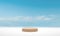 Minimal podium wood cylinder podium over blue sky cloud background. 3d render