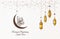 A minimal Ramadan celebration image decorated with oil lamps specific to Islamic culture and containing a crescent unique to Islam