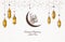 A minimal Ramadan celebration image decorated with oil lamps specific to Islamic culture and containing a crescent unique to Islam