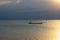 Minimal silhouette fishermans on the lake with twilight sky