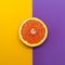 Minimal style, creative layout orange and grapefruit. Flat lay. Food concept. Half an orange on yellow purple background.