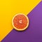 Minimal style, creative layout orange and grapefruit. Flat lay. Food concept. Half an orange on yellow purple background.