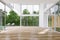 Minimal style modern grass house empty room with open sliding door to swiimming pool terrace 3d render