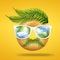 Minimal summer concept of hipster man face made of tasty donut with sunglasses, green tropical leaves palm on bright