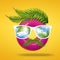 Minimal summer concept of hipster man face made of tasty donut with sunglasses, green tropical leaves palm on bright