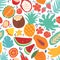 Minimal summer trendy vector tile seamless pattern in scandinavian style. Exotic fruit slice, palm leaf, hibiscus and