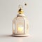 Minimal White Design of Ornamental Arabic Lantern with Burning Candle and Moon for Muslim Holy Month Ramadan Kareem. Generative AI
