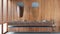 Minimal wooden bathroom close-up in blue and beige tones. Double washbasin with sink and mirror. Window with venetian blinds.