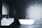 Minimalism bathroom in black interior 3D render version 2