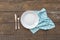 Minimalism. Blue towel, white plate, knife and fork