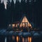 Minimalism Cottige Exterior Of House, Lake Shore, Deep Forest, Reflection In Wather, Night, Soft Lights from Windows, Generative