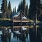 Minimalism Cottige Exterior Of House, Lake Shore, Deep Forest, Reflection In Wather, Sunny day Generative Ai