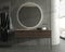 Minimalism modern dark bathroom interior design with round mirror and wood bathtub. Front view. Stone wall and floor