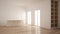 Minimalism, modern empty room with white hidden kitchen with island, parquet floor, white and wooden interior design