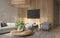 Minimalism modern interior  scandinavian design. Bright studio living room. Cozy design large modular sofa, armchair, large wooden