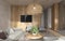 Minimalism modern interior  scandinavian design. Bright studio living room. Cozy design large modular sofa, large wooden lamp, tv