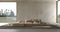 Minimalism modern interior scandinavian design. Bright studio living room with modular sofa and stucco wall mock up