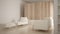 Minimalism, modern living room with wooden wall, sofa, chaise longue and pouf, travertine marble floor, white interior design