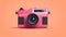 Minimalist 1980s Design: Pink Camera On Orange Background