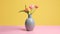 Minimalist 1980s Flower Vase With Pink Yellow Background