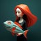 Minimalist 3d Character Holding A Fish: Gothic Pop Surrealism Illustration