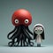 Minimalist 3d Character: Octopus And Girl With Red Circle