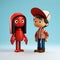 Minimalist 3d Character: Red Cartoon Character And Robot