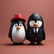 Minimalist 3d Penguin And Susan Figurines With Red Hat