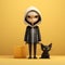 Minimalist 3d Render: Hooded Girl With Black Cat On Yellow Background