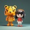 Minimalist 3d Tiger And Mary Toy: Vray Tracing With Strong Colors