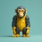 Minimalist 3d Toy Monkey: Grey And Yellow Chimp On Textured Blue Background