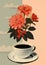 Minimalist abstract retro collage of coffee cup with black coffee and red flowers, delicate colors, collage-style