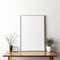 Minimalist Abstract Wooden Table With Empty Frame And Potted Plant