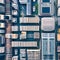 A minimalist aerial view of a bustling cityscape, with abstract patterns formed by the arrangement of buildings1, Generative AI