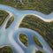 A minimalist aerial view of a winding river, with abstract patterns formed by the meandering flow of water2, Generative AI