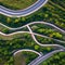 A minimalist aerial view of a winding road, with abstract patterns formed by the arrangement of trees and fields3, Generative AI