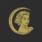 Minimalist antique logo mystic woman in half moon decorative design golden grunge texture vector