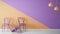 Minimalist architect designer concept with three classic colored chairs, one chair turned violet on orange and violet background a