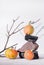 Minimalist autumn harvest concept with tree wooden branch, granite and concrete stones and orange little pumpkin on white