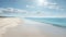 Minimalist background of a pristine, sunlit beach with soft, neutral sand and a calm, azure sea.