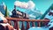 minimalist background with steam train on the bridge.