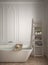 Minimalist bathroom close-up, white scandinavian interior design